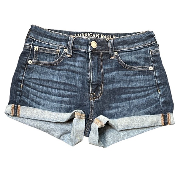 American Eagle super stretch “Hi-Rise Shortie”  rolled hem Blue Denim shorts - Picture 1 of 5
